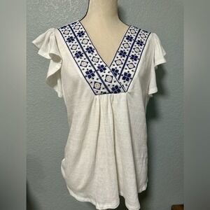 Anneliese Women's XL White‎ Embroidered V-Neck Flutter Sleeve Boho Blouse